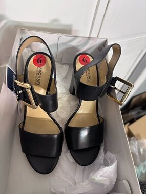 Michael Kors Black Leather Block Heel Sandals with Gold Buckles